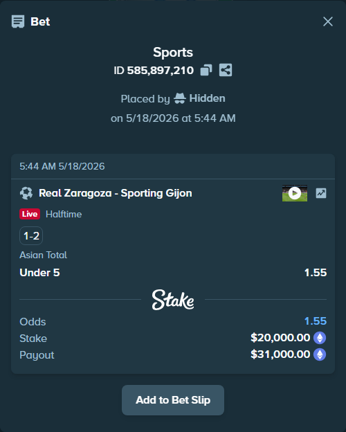Bet slip: Real Zaragoza - Sporting Gijon, $15,815.36 stake at 1.55 odds, placed by Hidden