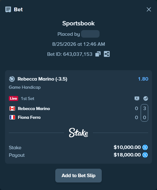 Bet slip: Rebecca Marino - Fiona Ferro, $10,000.00 stake at 1.80 odds, placed by privetmedvet15