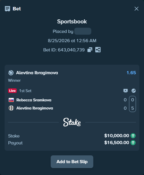 Bet slip: Rebecca Sramkova - Alevtina Ibragimova, $10,000.00 stake at 1.65 odds, placed by Mishobg86