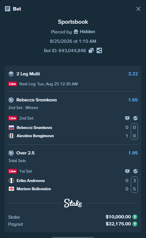 Bet slip: Rebecca Sramkova - Alevtina Ibragimova, $10,000.00 stake at 1.65 odds, placed by Hidden