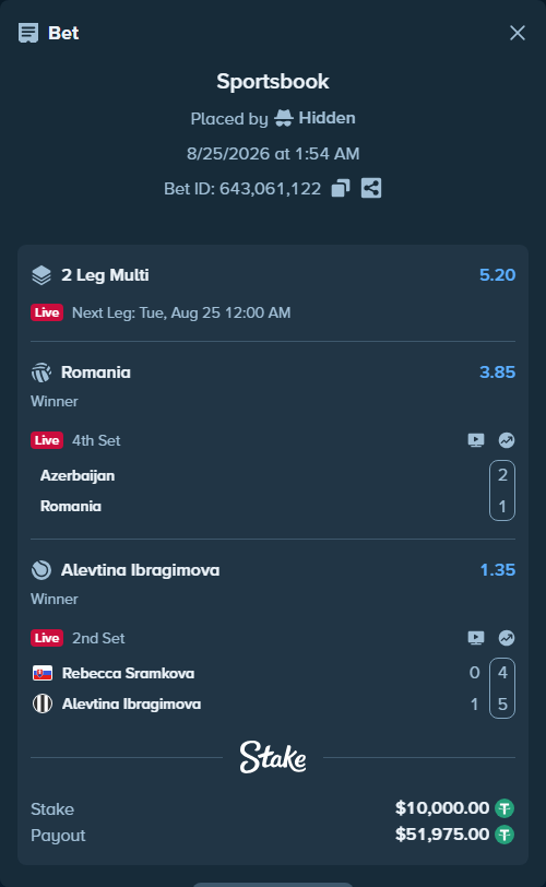 Bet slip: Rebecca Sramkova - Alevtina Ibragimova, $10,000.00 stake at 1.35 odds, placed by Hidden