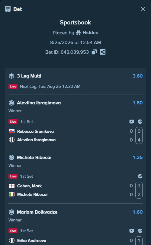 Bet slip: Rebecca Sramkova - Alevtina Ibragimova, $13,500.00 stake at 1.80 odds, placed by Hidden