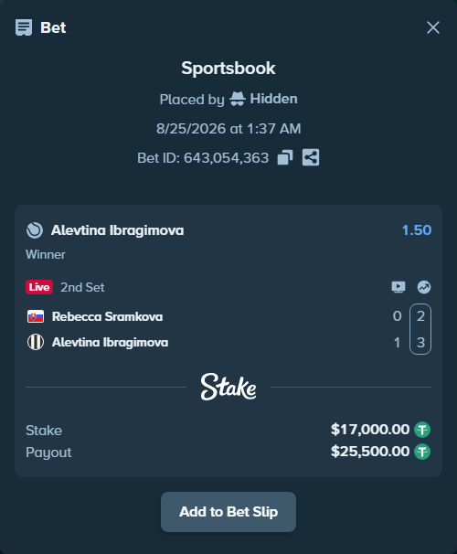 Bet slip: Rebecca Sramkova - Alevtina Ibragimova, $17,000.00 stake at 1.50 odds, placed by Hidden