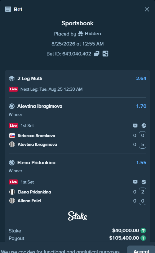 Bet slip: Rebecca Sramkova - Alevtina Ibragimova, $40,000.00 stake at 1.70 odds, placed by Hidden