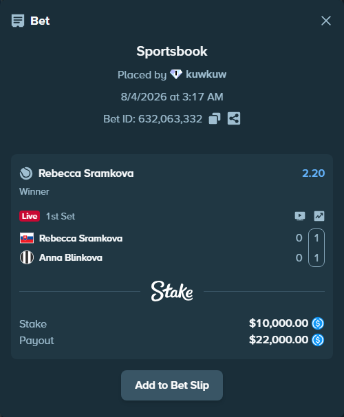 Bet slip: Rebecca Sramkova - Anna Blinkova, $10,000.00 stake at 2.20 odds, placed by kuwkuw