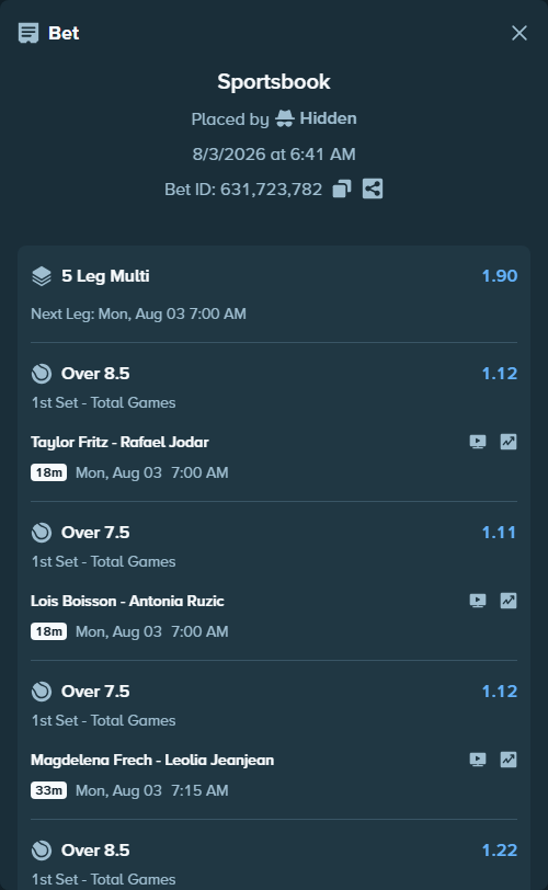 Bet slip: Rebecca Sramkova - Anna Blinkova, $100,100.00 stake at 1.12 odds, placed by Hidden