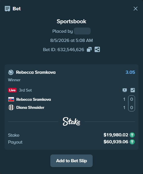 Bet slip: Rebecca Sramkova - Diana Shnaider, $20,000.00 stake at 3.05 odds, placed by ayoflasher