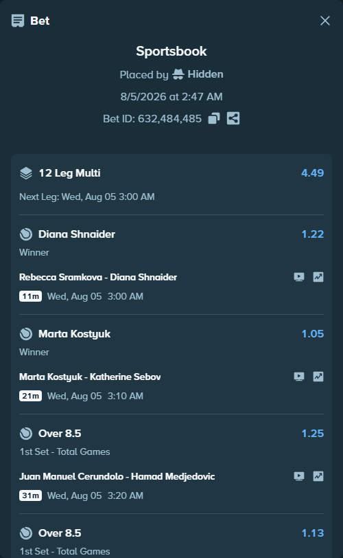 Bet slip: Rebecca Sramkova - Diana Shnaider, $75,075.00 stake at 1.22 odds, placed by Hidden