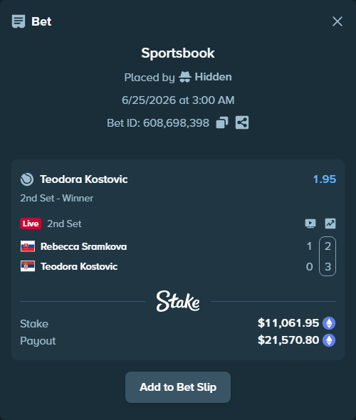 Bet slip: Rebecca Sramkova - Teodora Kostovic, $11,015.76 stake at 1.95 odds, placed by Hidden