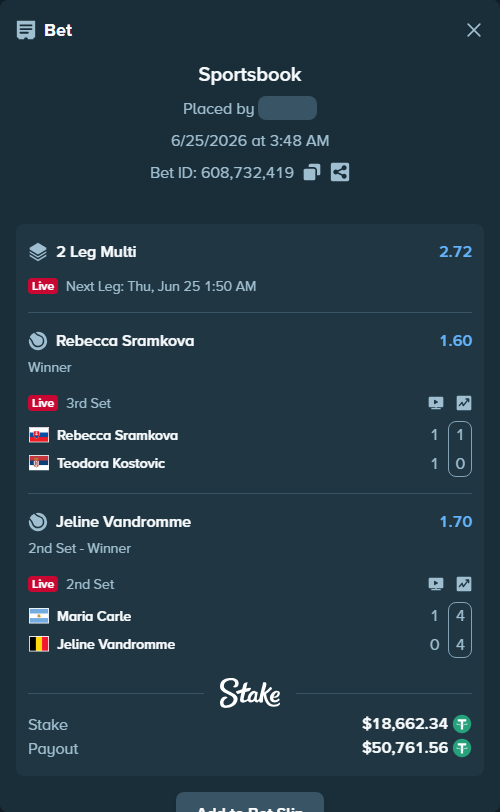 Bet slip: Rebecca Sramkova - Teodora Kostovic, $18,681.00 stake at 1.60 odds, placed by Tamarhadsa