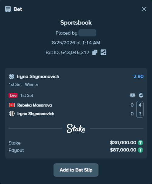 Bet slip: Rebeka Masarova - Iryna Shymanovich, $30,000.00 stake at 2.90 odds, placed by ayoflasher