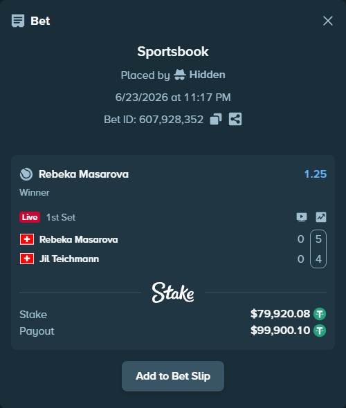 Bet slip: Rebeka Masarova - Jil Teichmann, $80,000.00 stake at 1.25 odds, placed by Hidden