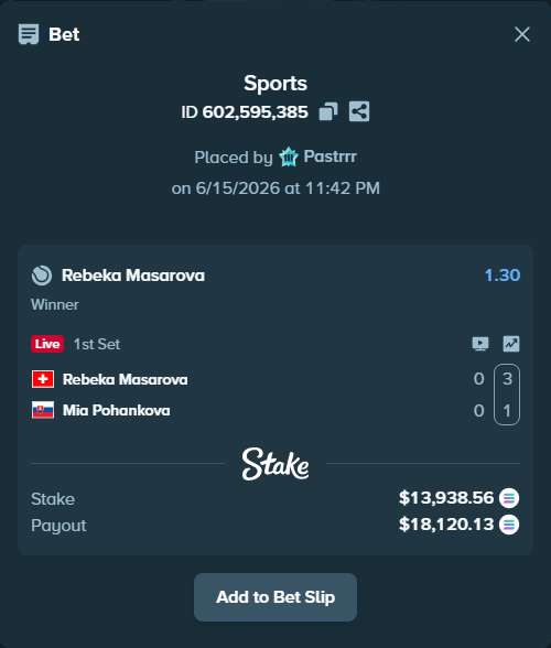 Bet slip: Rebeka Masarova - Mia Pohankova, $13,905.69 stake at 1.30 odds, placed by Pastrrr