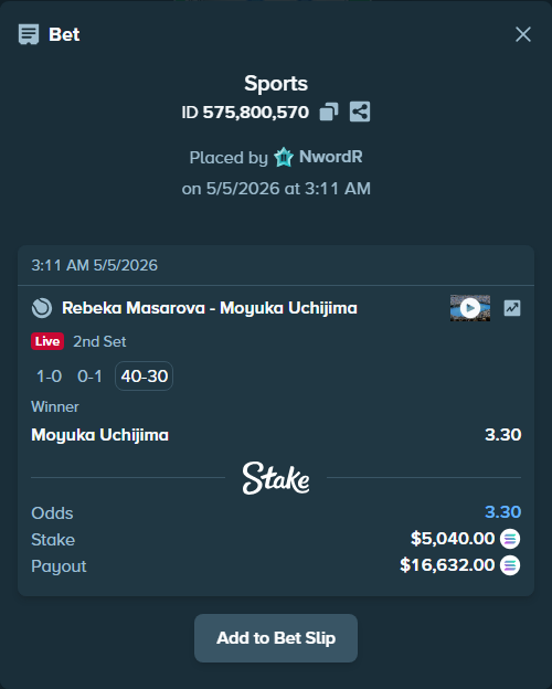 Bet slip: Rebeka Masarova - Moyuka Uchijima, $4,361.27 stake at 3.30 odds, placed by NwordR