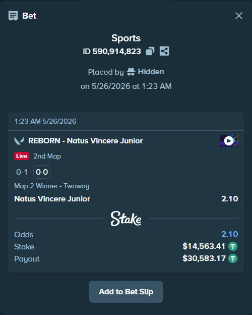Bet slip: REBORN - Natus Vincere Junior, $14,563.41 stake at 2.10 odds, placed by Hidden