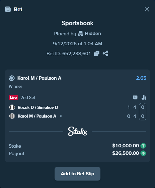 Bet slip: Recek D / Siniakov D - Karol M / Paulson A, $10,000.00 stake at 2.65 odds, placed by Hidden