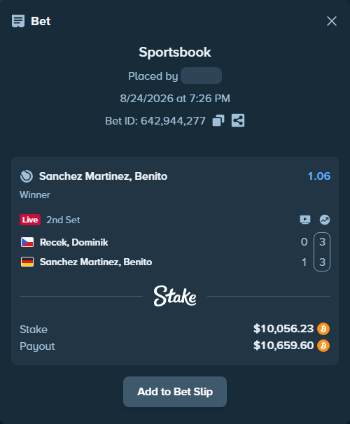 Bet slip: Recek, Dominik - Sanchez Martinez, Benito, $10,109.06 stake at 1.06 odds, placed by messrjaysr