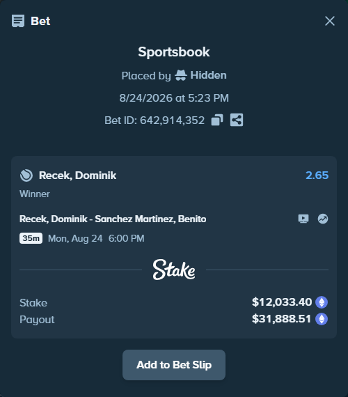 Bet slip: Recek, Dominik - Sanchez Martinez, Benito, $12,340.21 stake at 2.65 odds, placed by Hidden