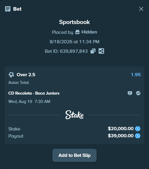 Bet slip: Recoleta FC - Boca Juniors, $20,000.00 stake at 1.95 odds, placed by Hidden