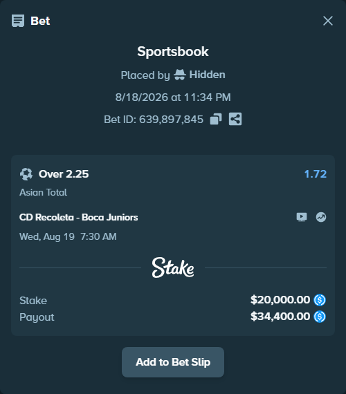 Bet slip: Recoleta FC - Boca Juniors, $20,000.00 stake at 1.72 odds, placed by Hidden