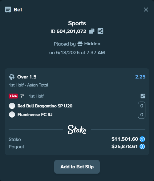 Bet slip: Red Bull Bragantino SP - Fluminense FC RJ, $11,501.60 stake at 2.25 odds, placed by Hidden