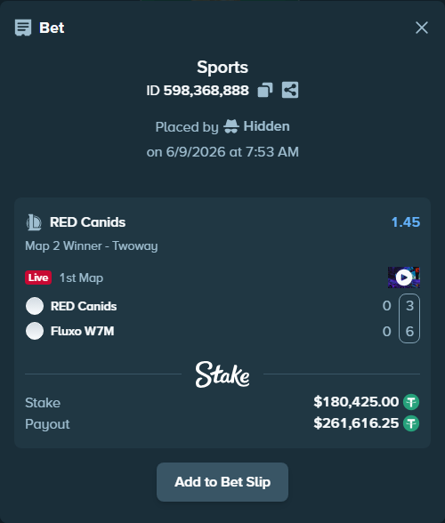 Bet slip: RED Canids - Fluxo W7M, $180,425.00 stake at 1.45 odds, placed by Hidden