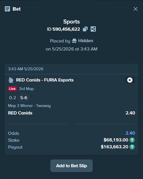 Bet slip: RED Canids - FURIA Esports, $68,193.00 stake at 2.40 odds, placed by Hidden
