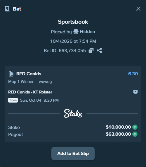Bet slip: RED Canids - KT Rolster, $10,000.00 stake at 6.30 odds, placed by 도다리