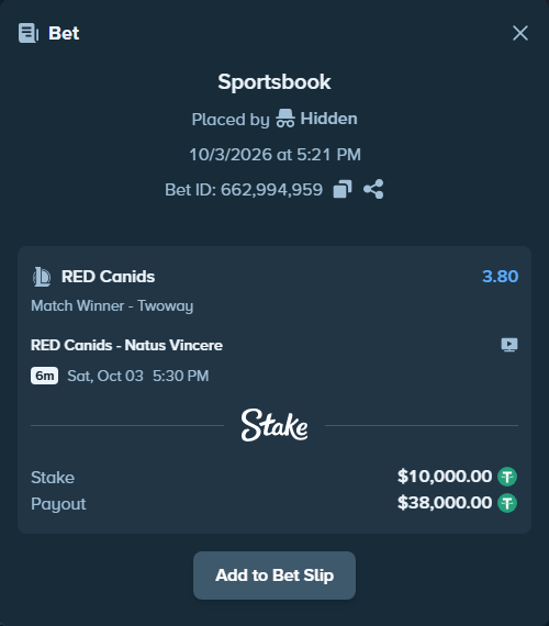 Bet slip: RED Canids - Natus Vincere, $10,000.00 stake at 3.80 odds, placed by 도다리
