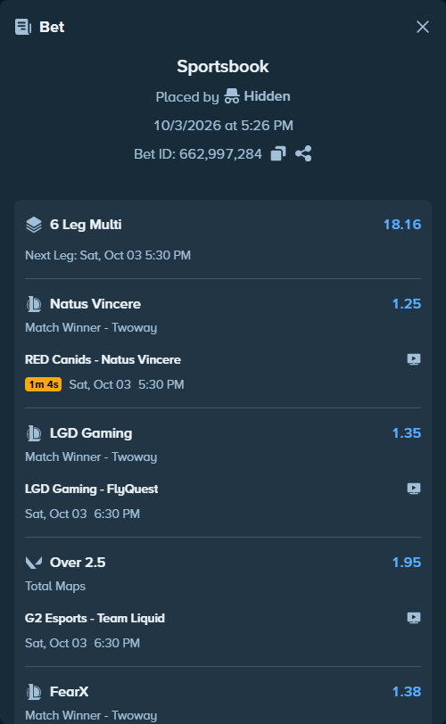 Bet slip: RED Canids - Natus Vincere, $100,000.00 stake at 1.25 odds, placed by Hidden