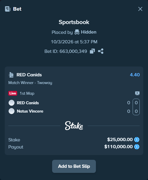 Bet slip: RED Canids - Natus Vincere, $25,000.00 stake at 4.40 odds, placed by Hidden