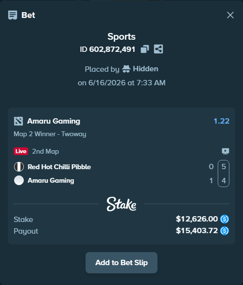 Bet slip: Red Hot Chilli Pibble - Amaru Gaming, $12,626.00 stake at 1.22 odds, placed by Hidden