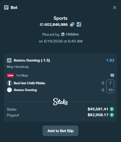 Bet slip: Red Hot Chilli Pibble - Amaru Gaming, $45,581.41 stake at 1.82 odds, placed by Hidden