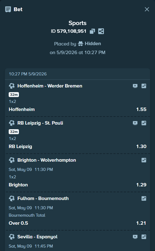 Bet slip: Red Star - Montpellier, $20,000.00 stake at 1.81 odds, placed by Hidden