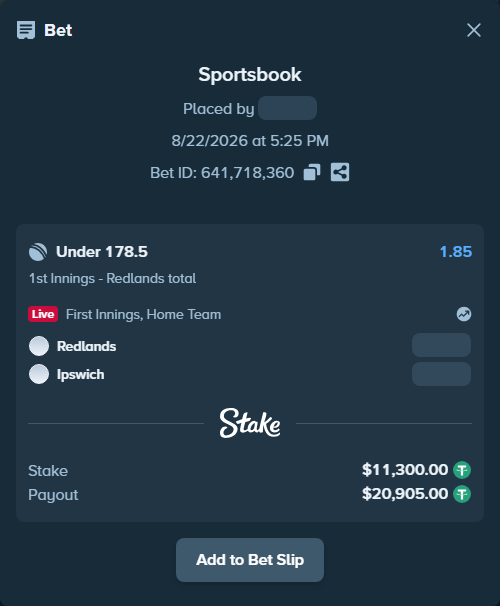 Bet slip: Redlands - Ipswich, $11,300.00 stake at 1.85 odds, placed by Munni12300