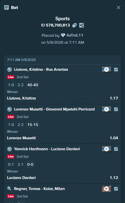 Bet slip: Regner, Tomas - Kolar, Milan, $11,111.00 stake at 1.30 odds, placed by AsTraL11