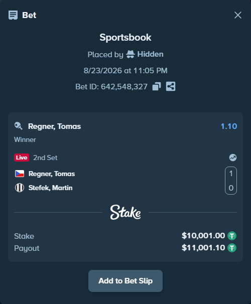 Bet slip: Regner, Tomas - Stefek, Martin, $10,000.00 stake at 1.10 odds, placed by Hidden