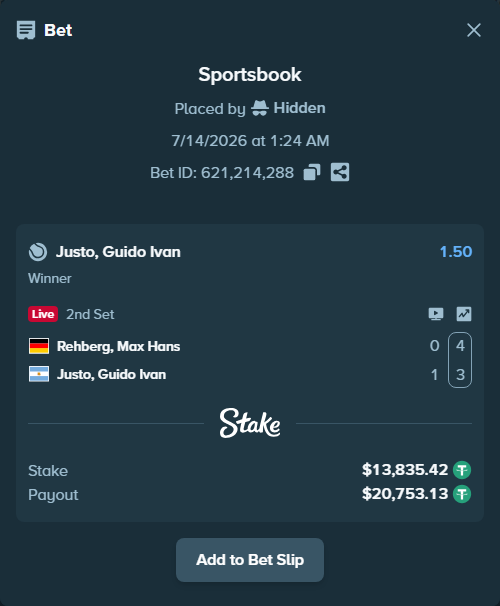 Bet slip: Rehberg, Max Hans - Justo, Guido Ivan, $13,849.26 stake at 1.50 odds, placed by Hidden