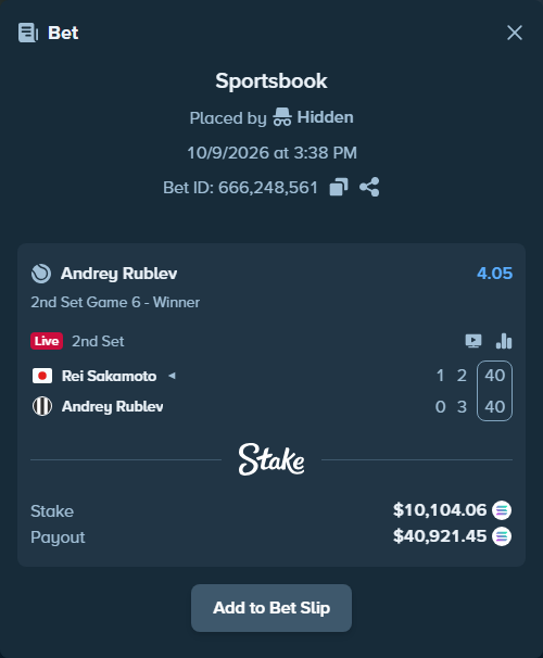 Bet slip: Rei Sakamoto - Andrey Rublev, $10,145.82 stake at 4.05 odds, placed by Prettylfacko98