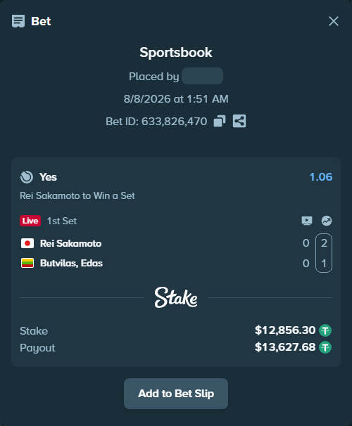 Bet slip: Rei Sakamoto - Butvilas, Edas, $12,869.16 stake at 1.06 odds, placed by RyazheniyPetuh