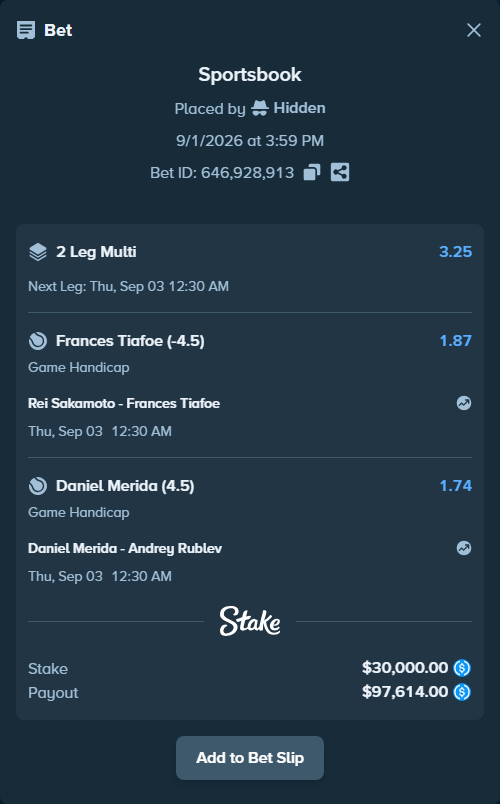 Bet slip: Rei Sakamoto - Frances Tiafoe, $30,000.00 stake at 1.87 odds, placed by Hidden