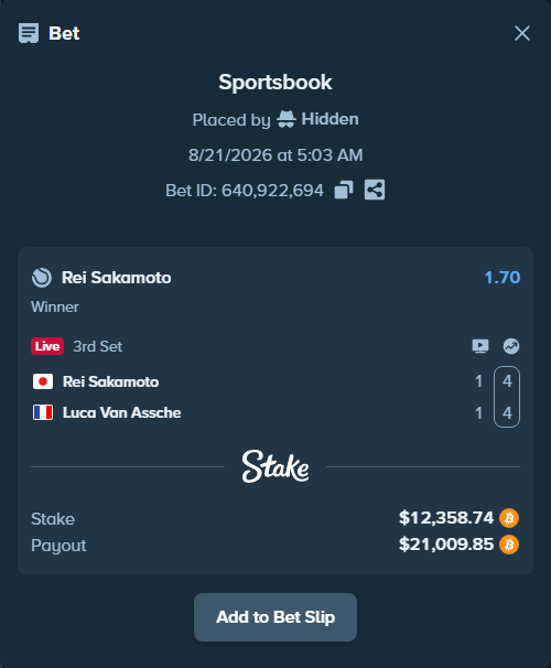 Bet slip: Rei Sakamoto - Luca Van Assche, $12,673.47 stake at 1.70 odds, placed by Hidden
