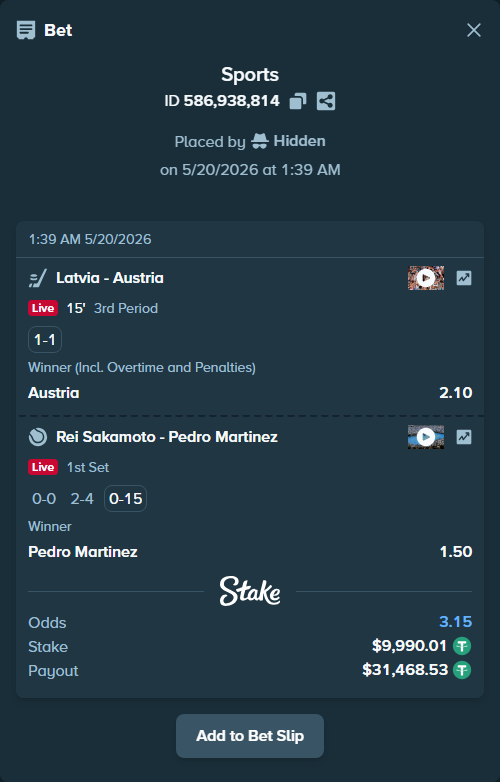 Bet slip: Rei Sakamoto - Pedro Martinez, $10,000.00 stake at 1.50 odds, placed by Hidden