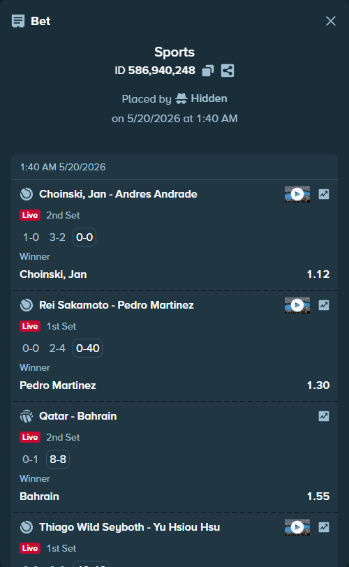 Bet slip: Rei Sakamoto - Pedro Martinez, $10,000.00 stake at 1.30 odds, placed by Hidden