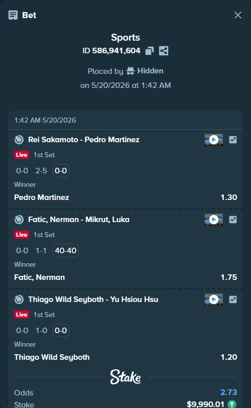 Bet slip: Rei Sakamoto - Pedro Martinez, $10,000.00 stake at 1.30 odds, placed by Hidden