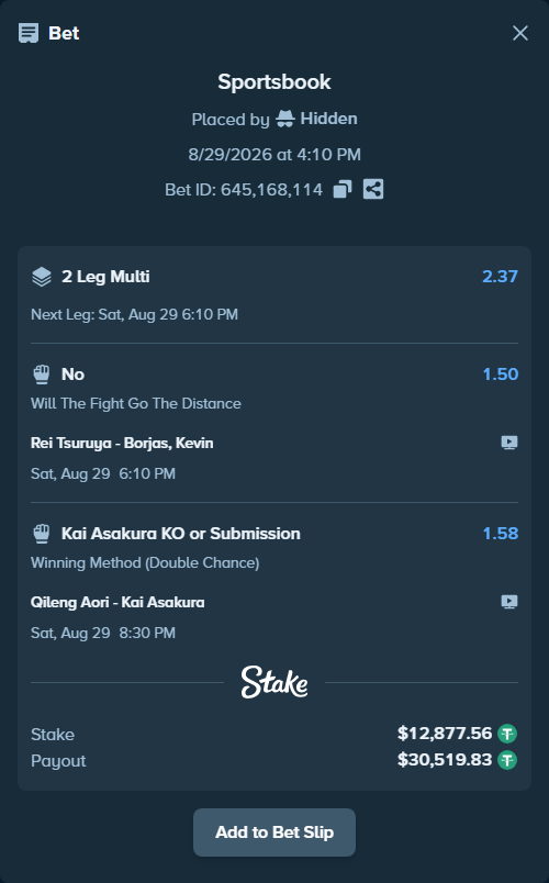 Bet slip: Rei Tsuruya - Borjas, Kevin, $12,877.56 stake at 1.50 odds, placed by Hidden