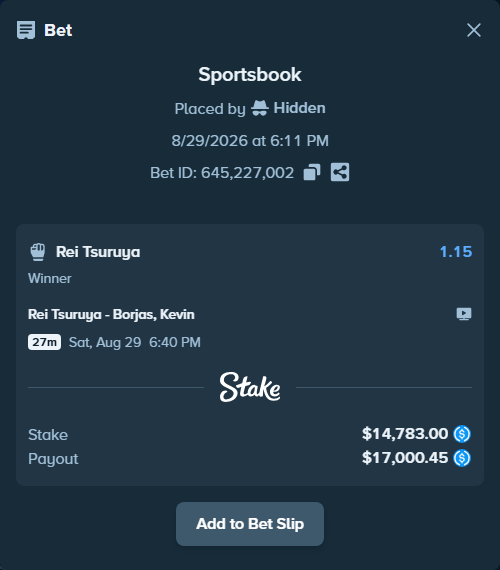 Bet slip: Rei Tsuruya - Borjas, Kevin, $14,783.00 stake at 1.15 odds, placed by Hidden