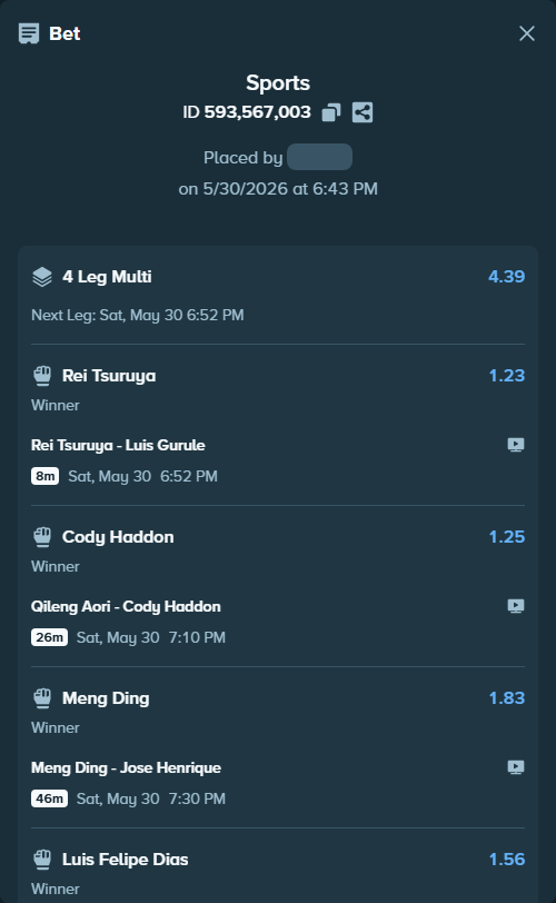 Bet slip: Rei Tsuruya - Luis Gurule, $10,027.02 stake at 1.23 odds, placed by Rosspicks
