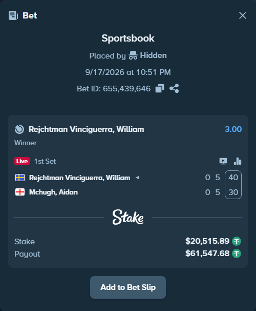 Bet slip: Rejchtman Vinciguerra, William - McHugh, Aidan, $20,536.41 stake at 3.00 odds, placed by Hidden