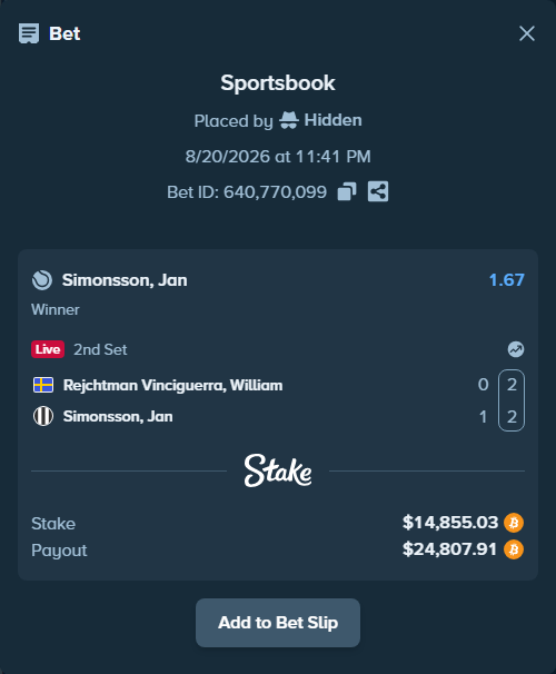 Bet slip: Rejchtman Vinciguerra, William - Simonsson, Jan, $15,080.38 stake at 1.67 odds, placed by Hidden